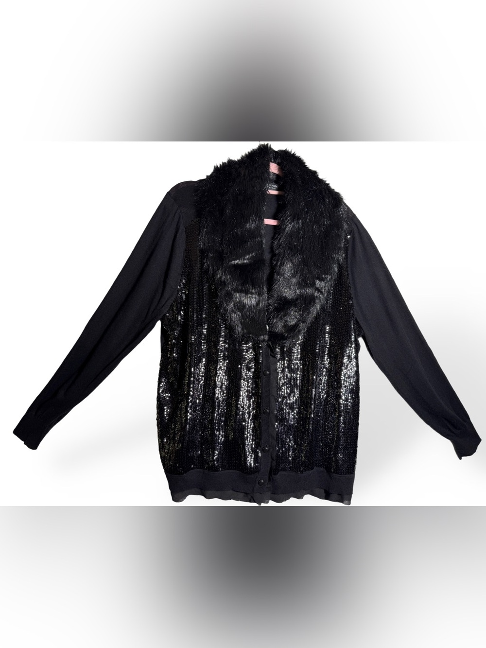 Jones New York Black Sequin Cardigan with Faux Fur Collar